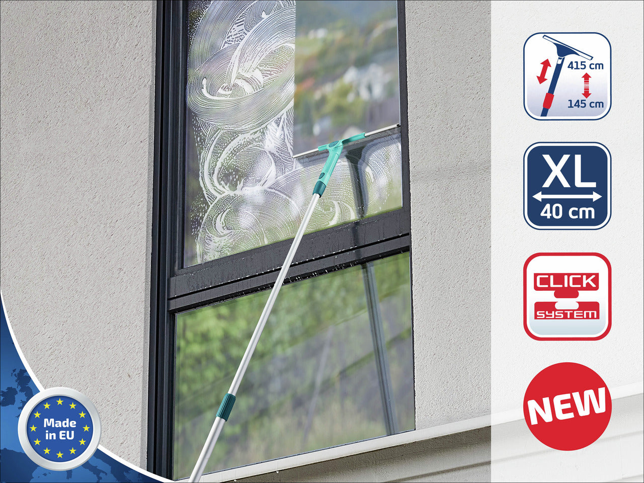Fönsterskrapa XL med Teleskopskaft 415cm och Mikrofiberduk - Click System