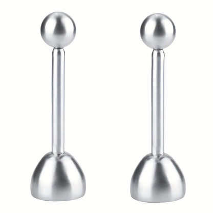 Två Kitchlark äggknäckare i rostfritt stål, produktfoto mot ljus bakgrund